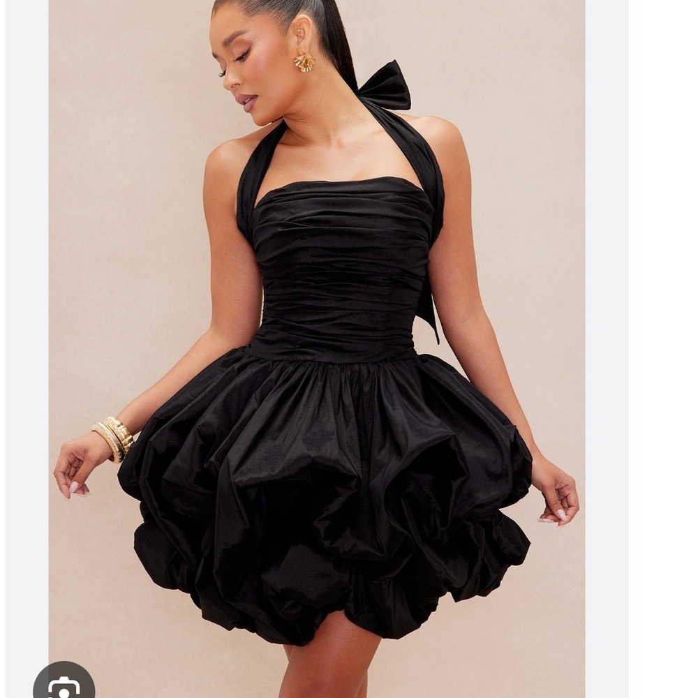 Melanie Black Taffeta Bubble Hem Mini Dress Halter Neck Bow Back Party Cocktail